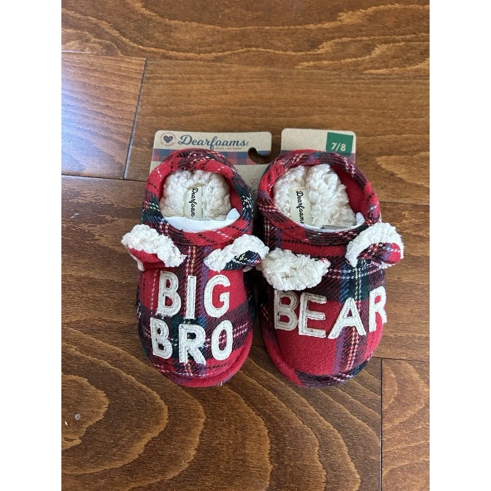 Dearfoams Kids Toddler Little Kids Big‎ Bro Bear Plaid Red Slippers NEW 7-8 US